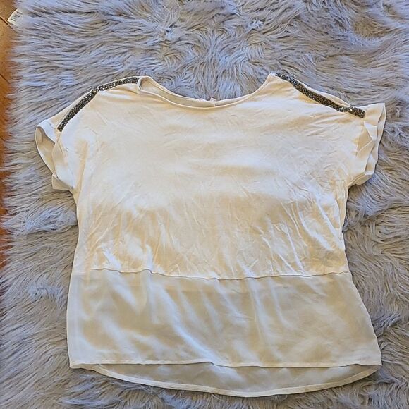 Juicy couture womens tan flowy tshirt with embellished detail on shoulders - Picture 1 of 7